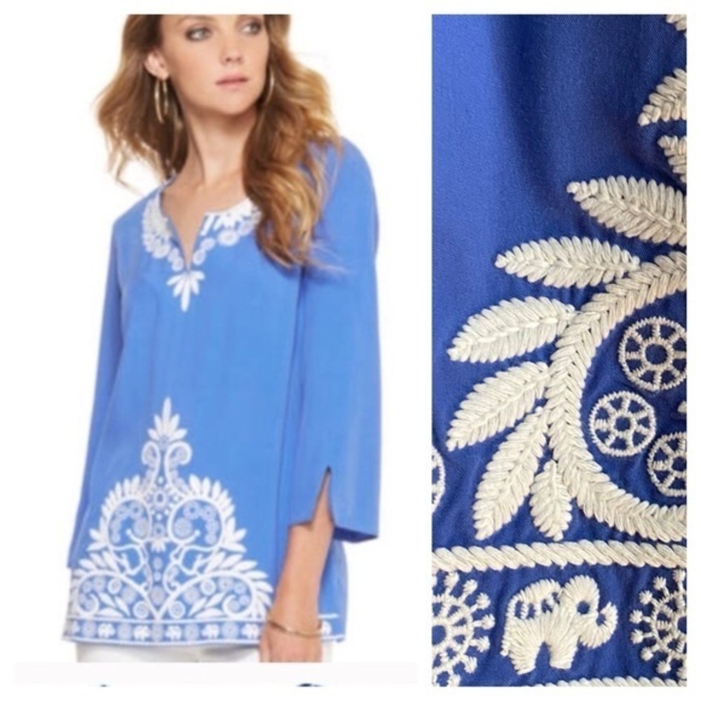 Lilly Pulitzer Blue White Floral Elephant Embroidered Charlotte Tunic Small